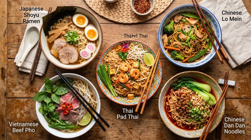 An array of Asian noodle dishes from across the continent